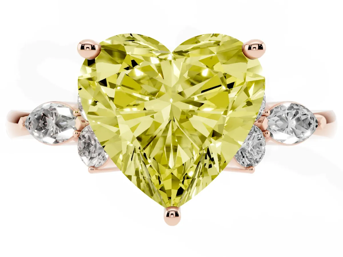 Fancy Yellow Heart Cut Brilliant Diamond Solitaire Ring with Pear Side Stones and Four-Prong Setting Rose gold