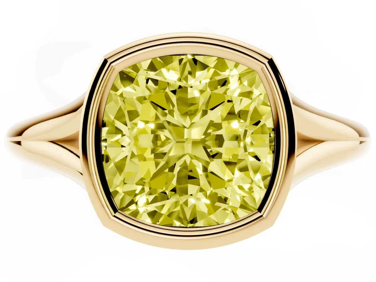 Fancy Yellow Bezel Set Cushion Cut Cut Solitaire Ring with Tapered Band Yellow gold