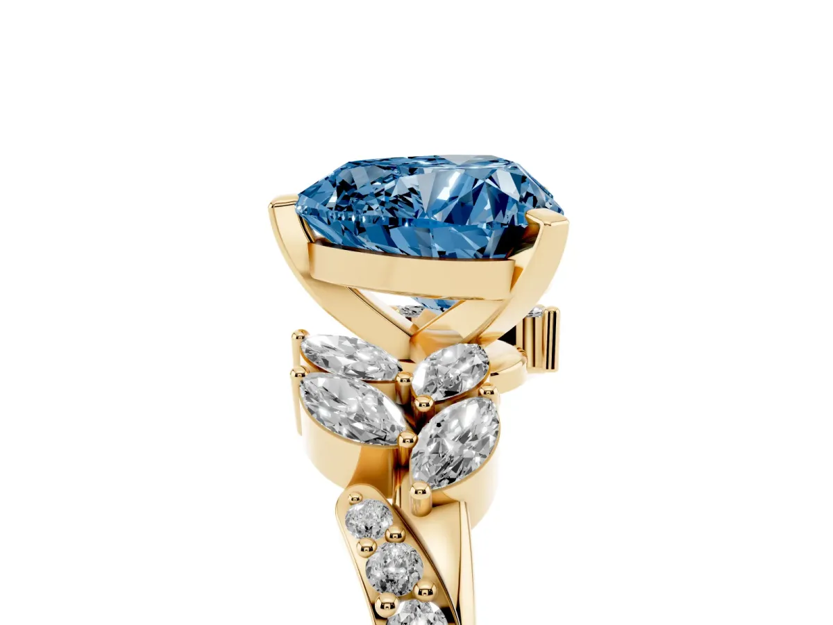 Fancy Blue Heart Cut Solitaire Marquise Twist Band with Six-Prong Setting Yellow gold