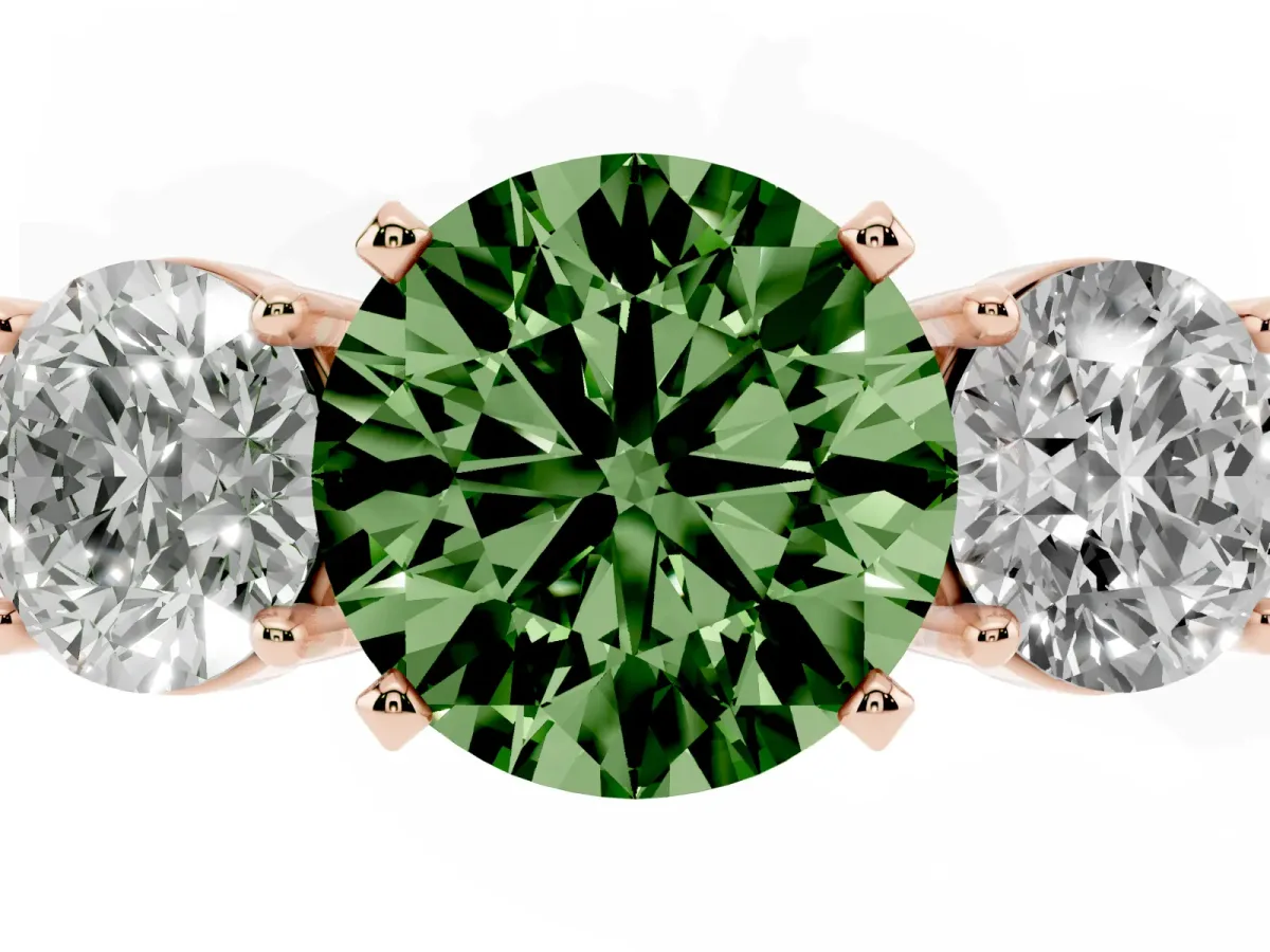 Fancy Green Three-Stone Round Cut Diamond Ring with Round Side Stones, Classic Band, and Four-Prong Setting Rose gold