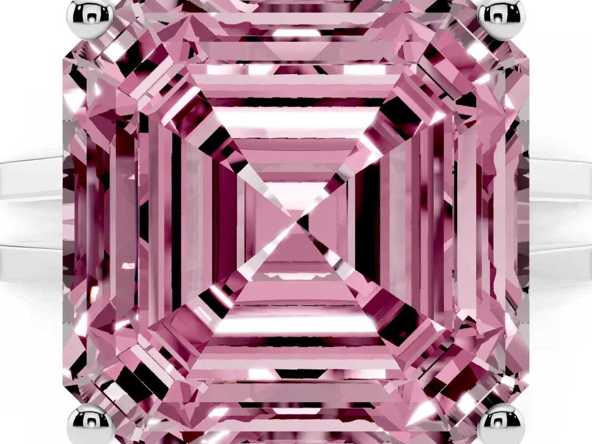 Fancy Pink Asscher Cut Cut Diamond Solitaire Engagement Ring with Tapered Plain Band and Four-Prong Setting Platinum