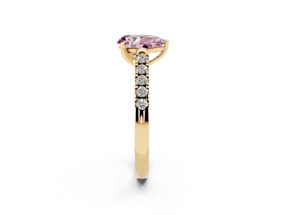 Fancy Pink Pear Cut Diamond Pavé Band Solitaire Ring with Prong Setting Yellow gold