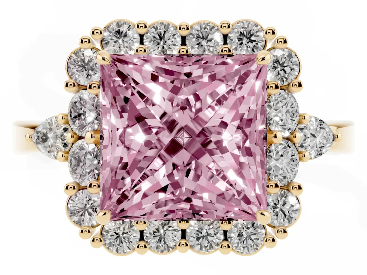 Fancy Pink Princess Cut Diamond Halo Ring with Pear Side Stones and Prong Setting Yellow gold
