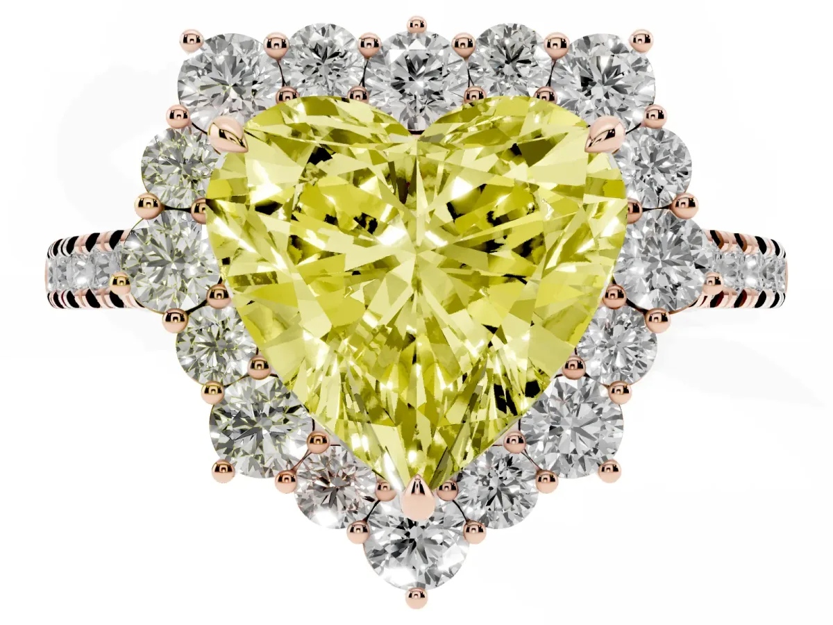 Fancy Yellow Heart Cut Halo Diamond Ring with Pavé Band and Prong Setting Rose gold