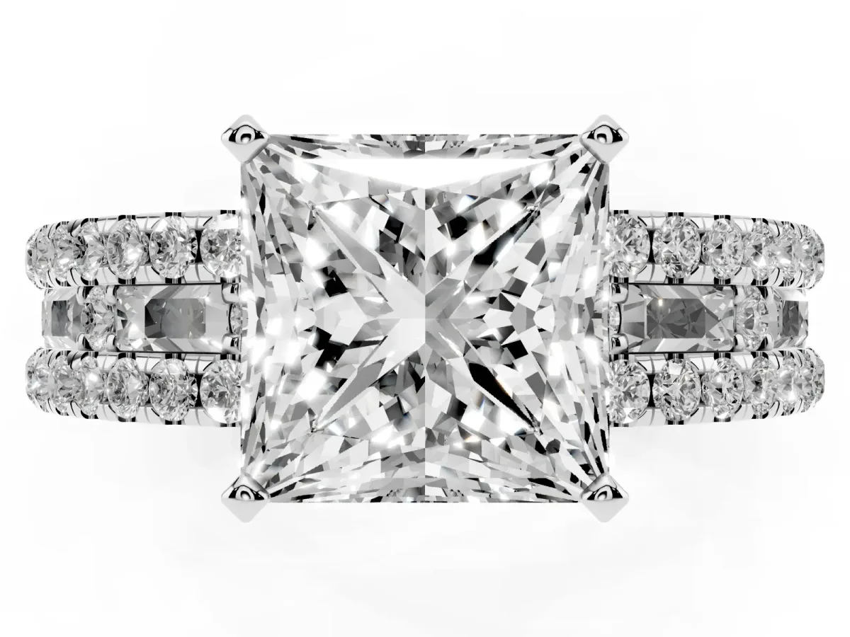 Princess Cut Diamond Solitaire Ring with Pavé and Channel Set Band Silver