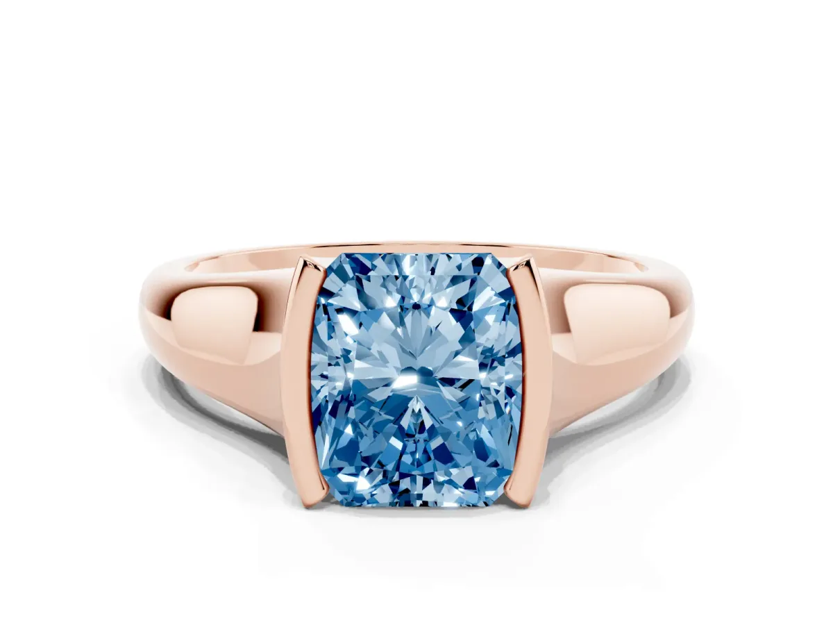 Fancy Blue Radiant Cut Solitaire Tension Set Diamond Ring with Split Shank Band Rose gold
