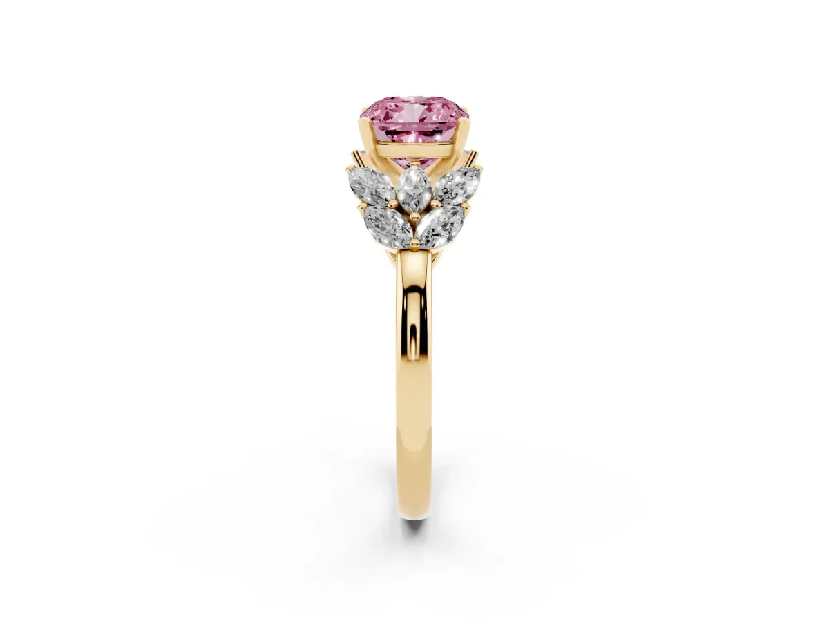 Fancy Pink Cushion Cut Diamond Cluster Leaf Design Ring with Prong Setting Yellow gold