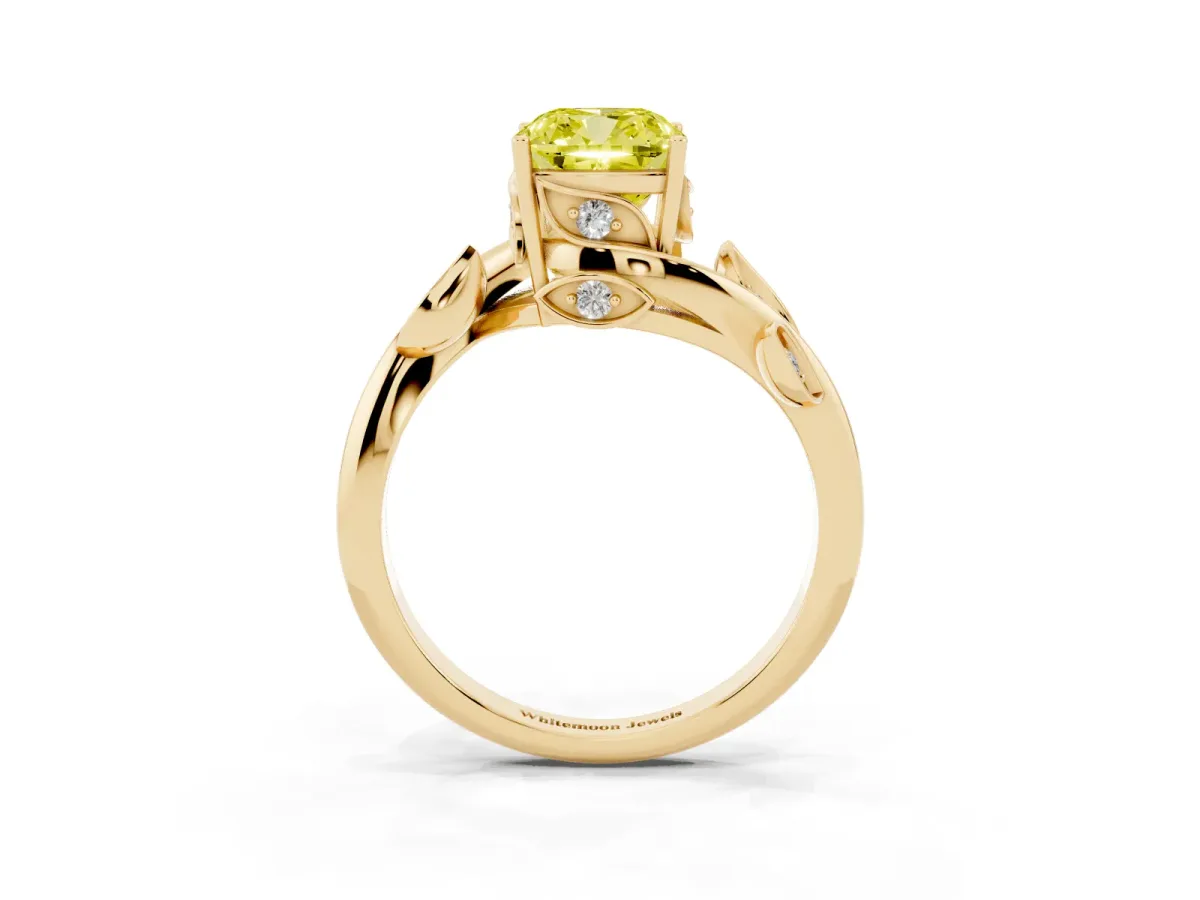 Fancy Yellow Cushion Cut Solitaire Twist Engagement Ring with Leaf Accents and Prong Setting Yellow gold