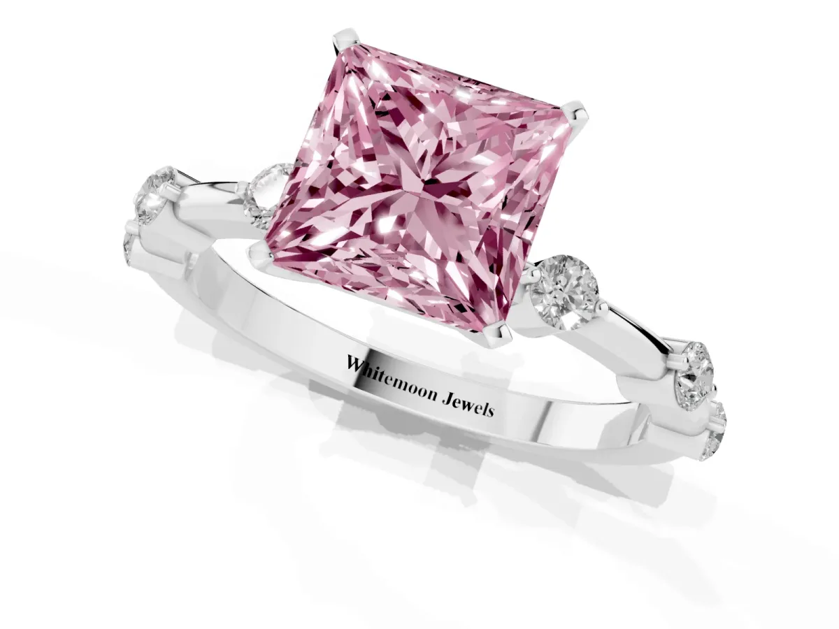 Fancy Pink Princess Cut Solitaire Diamond Ring with Bezel Set Side Stones and Prong Setting Silver