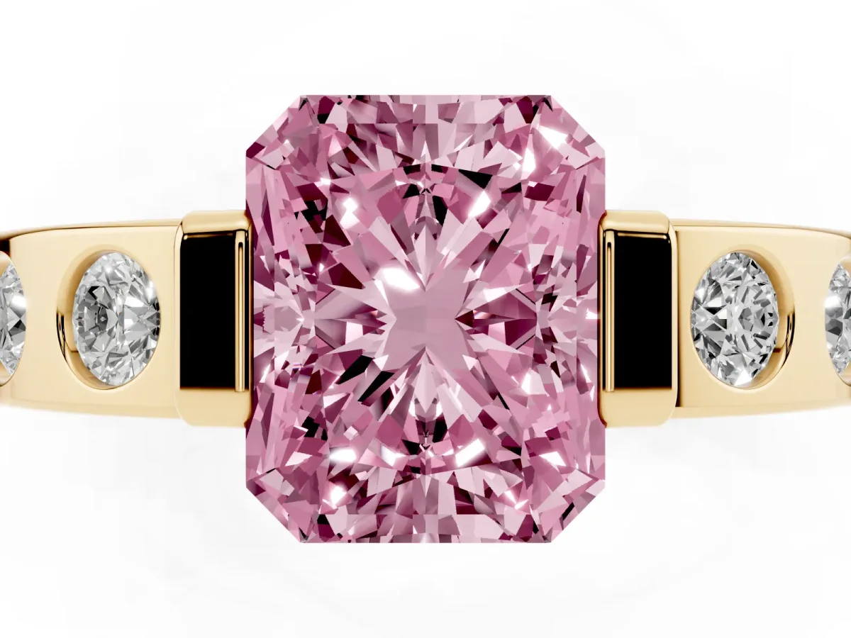 Fancy Pink Radiant Cut Brilliant Channel-Set Diamond Ring with Bezel Prong Setting Yellow gold