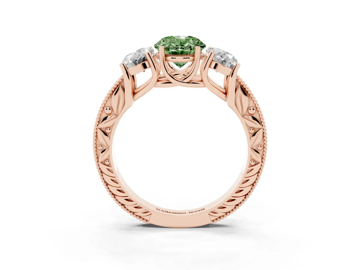 Fancy Green Three-Stone Oval Cut Cut Milgrain Pavé Engagement Ring Rose gold