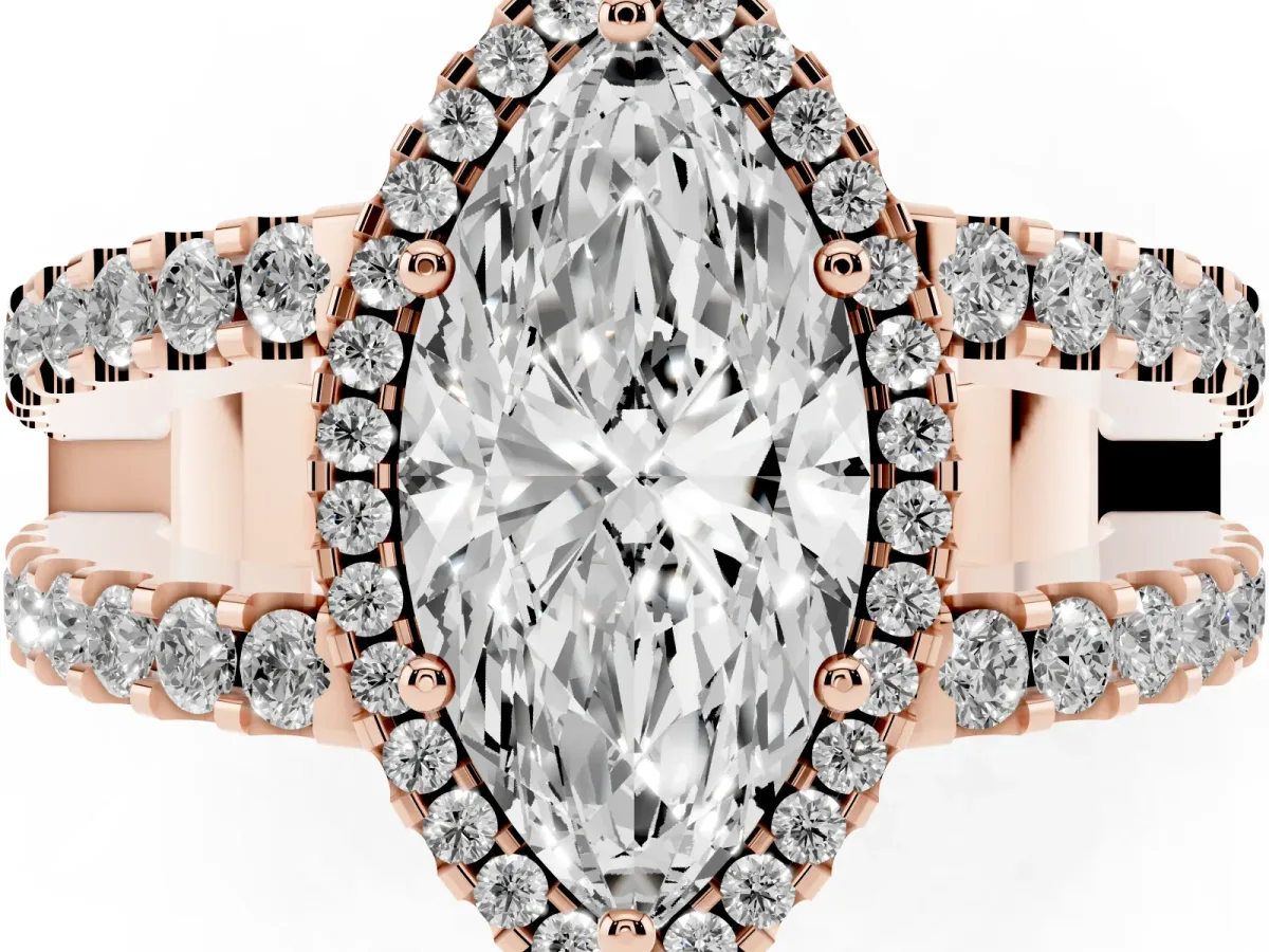 Marquise Cut Cut Halo Split Shank Diamond Ring with Four-Prong Setting Rose gold