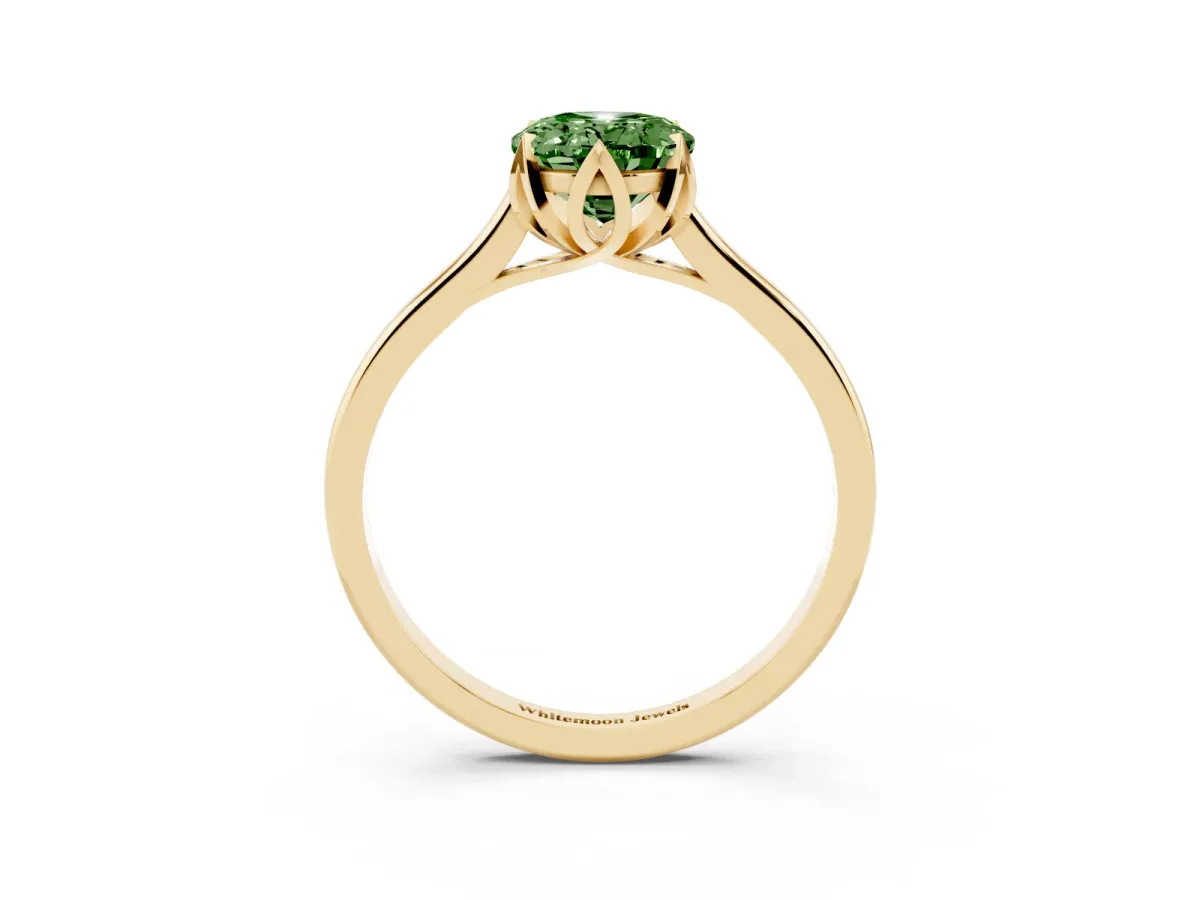 Fancy Green Oval Cut Diamond Solitaire Ring with Flower Prong Setting and Classic Band Yellow gold