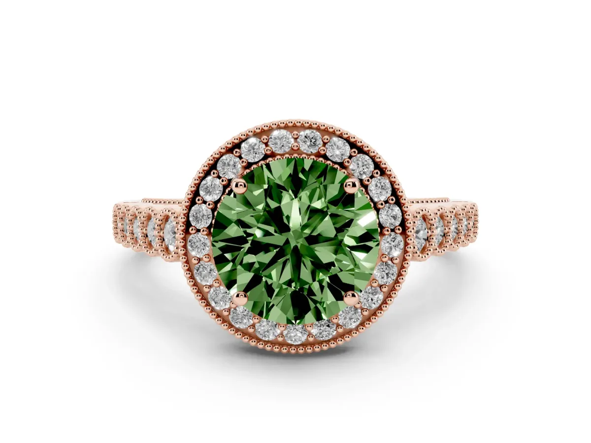Fancy Green Round Cut Halo Milgrain Solitaire with Bezel Set Side Stones and Pave Band Rose gold