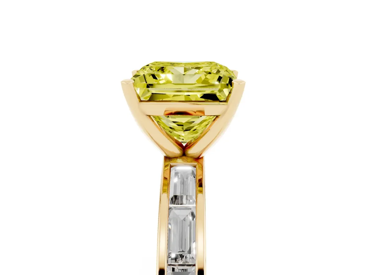 Fancy Yellow Princess Cut Solitaire Diamond Ring with Channel-Set Baguette Band and Four-Prong Setting Yellow gold