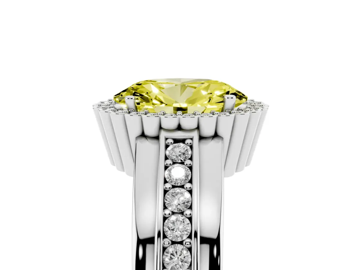 Fancy Yellow Oval Cut Cut Halo Pave Band Four-Prong Ring Silver