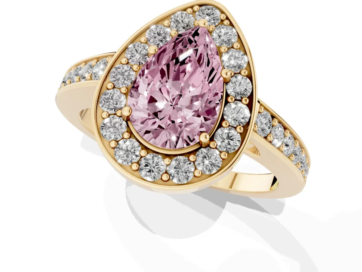 Fancy Pink Pear Cut Halo Pavé Diamond Engagement Ring with Bezel Setting Yellow gold