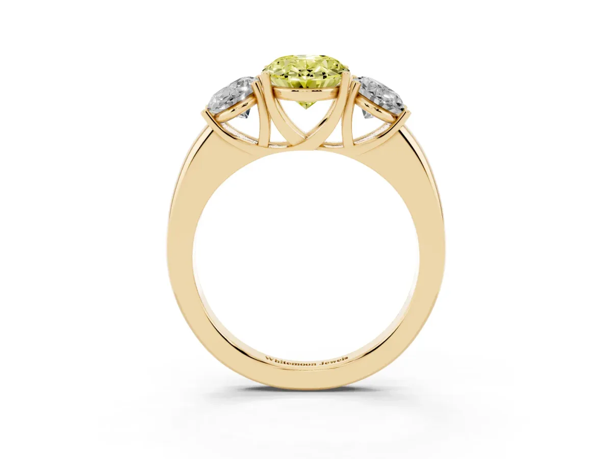 Fancy Yellow Oval Cut Diamond Three-Stone Ring with Four-Prong Setting and Classic Band Yellow gold