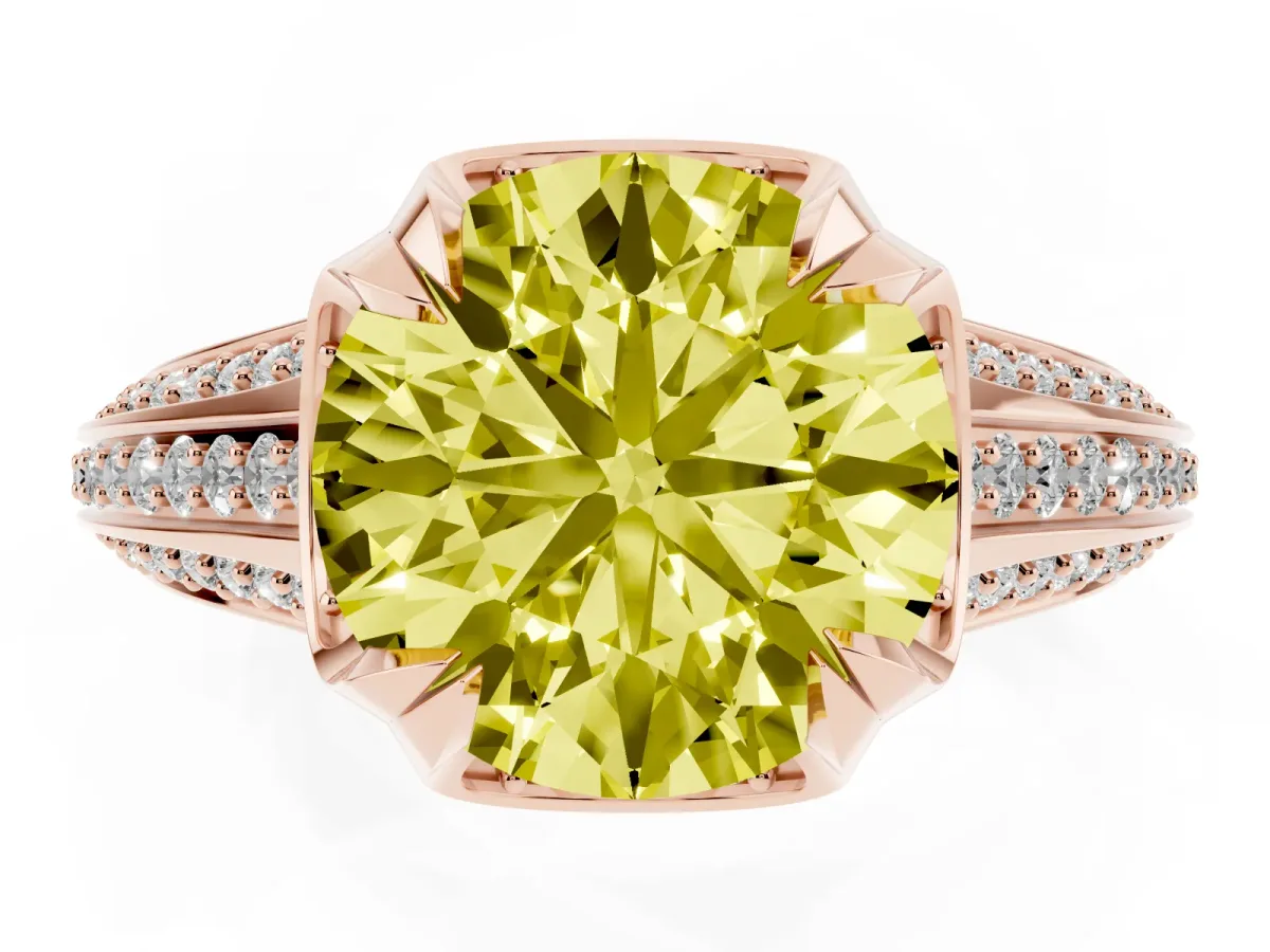 Fancy Yellow Round Cut Solitaire Pave Split Shank Ring with Four-Prong Setting Rose gold
