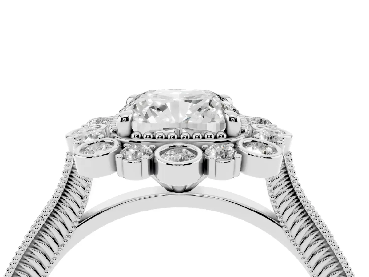 Cushion Cut Halo Milgrain Pave Diamond Ring with Four-Prong Setting Platinum