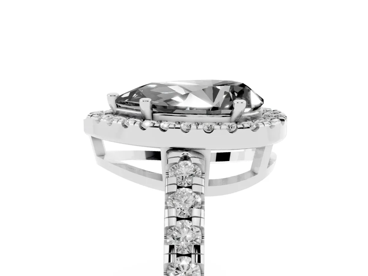 Fancy Black Pear Cut Diamond Halo Ring with Pavé Band and Four-Prong Setting Platinum
