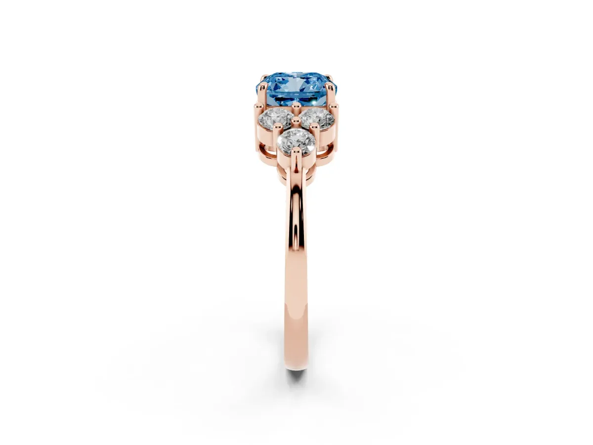 Fancy Blue Cushion Cut Brilliant Diamond Cluster Accent Solitaire Ring with Prong Setting Rose gold