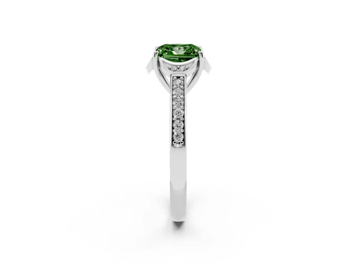 Fancy Green Princess Cut Cut Halo Diamond Ring with Channel Set Band and Four-Prong Setting White gold