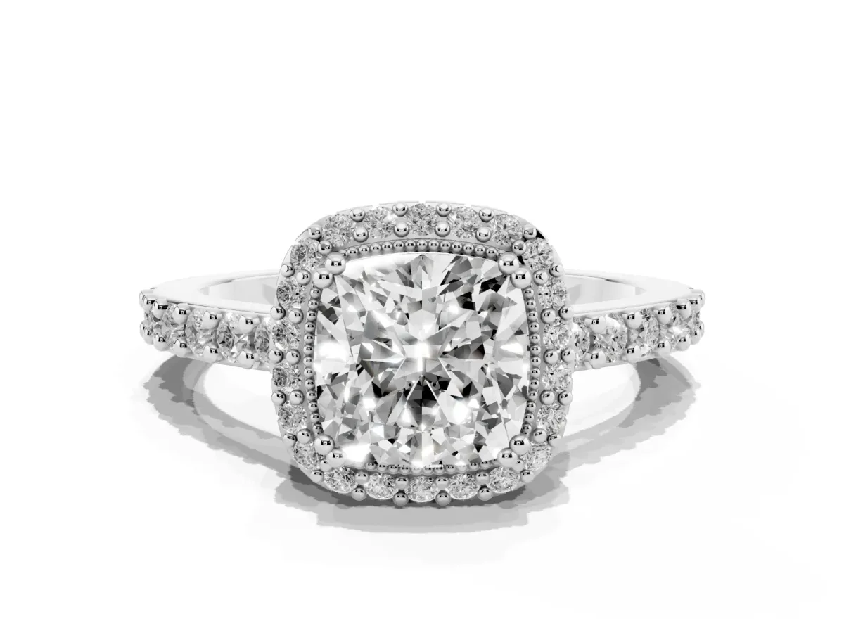 Cushion Cut Cut Diamond Halo Engagement Ring with Milgrain Detail and Pavé Band Silver