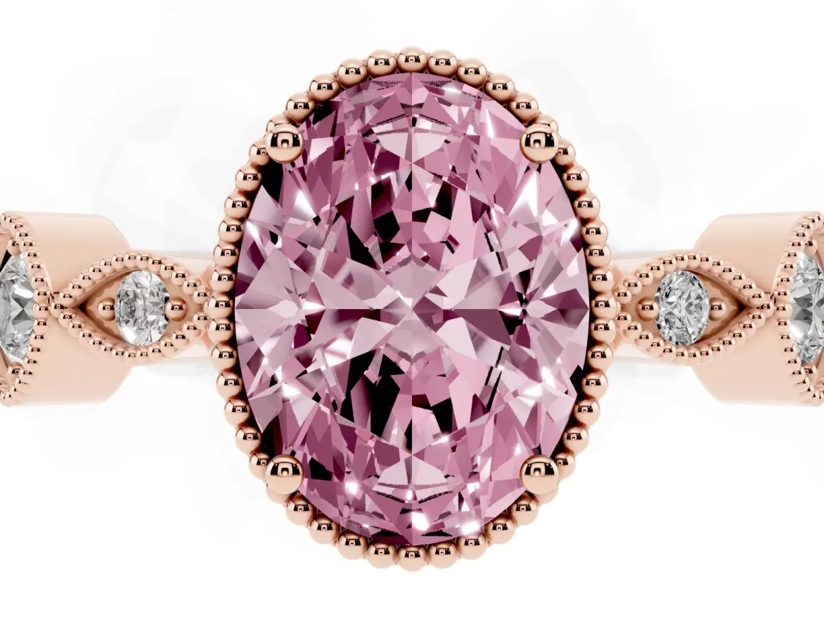 Fancy Pink Oval Cut Diamond Vintage Milgrain Ring with Round Stations Rose gold