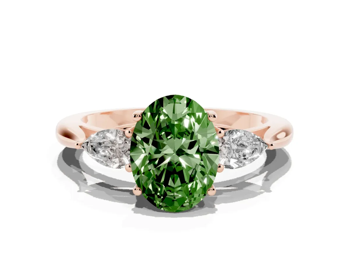 Fancy Green Three-Stone Oval Cut Brilliant Diamond Solitaire Ring with Tapered Band and Four-Prong Setting Rose gold