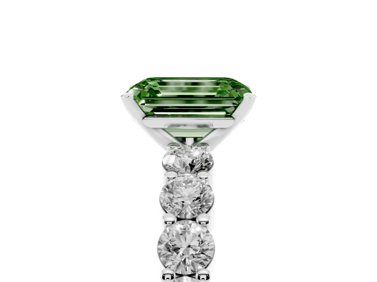 Fancy Green Emerald Cut Diamond Solitaire Ring with Shared Prong Round Side Stones Silver