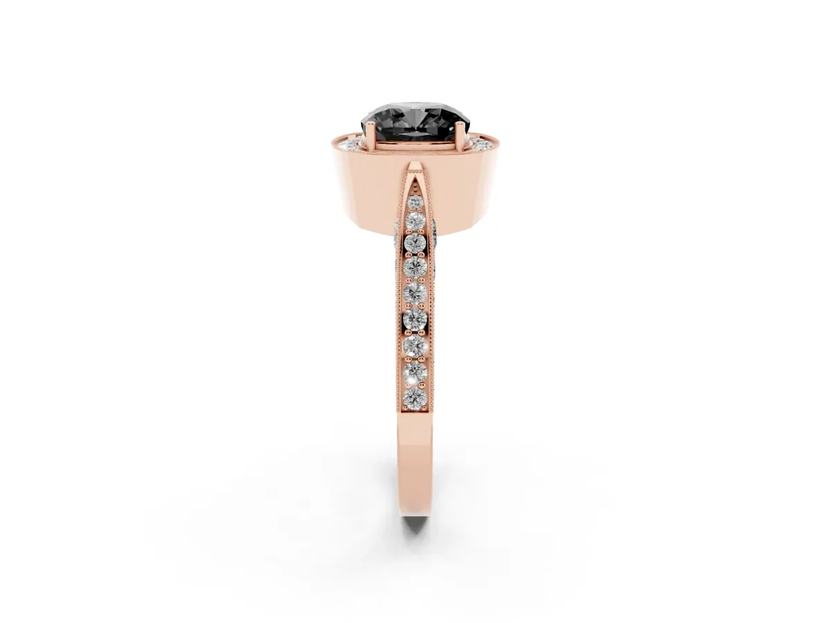 Fancy Black Cushion Cut Halo Diamond Engagement Ring with Split Shank Band and Four-Prong Setting Rose gold