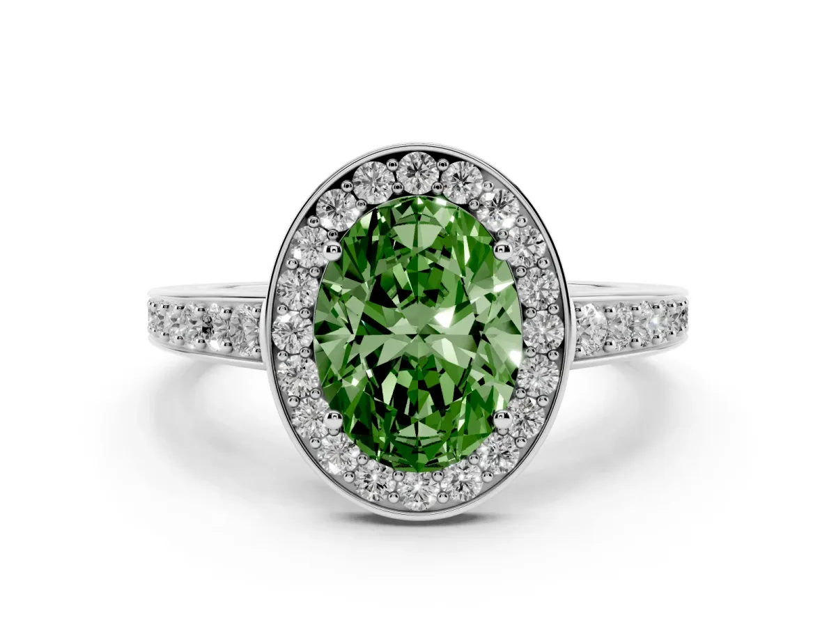 Fancy Green Oval Cut Halo Pavé Diamond Engagement Ring with Bezel Setting Silver