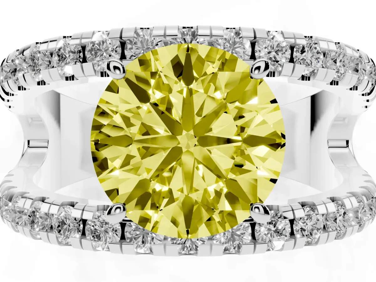 Fancy Yellow Round Cut Solitaire Split Shank Pave Diamond Ring Silver