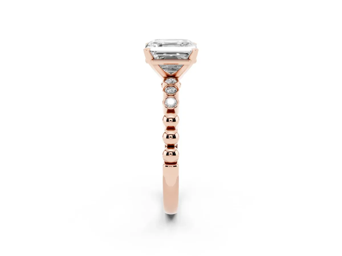 Asscher Cut Solitaire Bezel Accent Diamond Engagement Ring with Beaded Band and Four-Prong Setting Rose gold