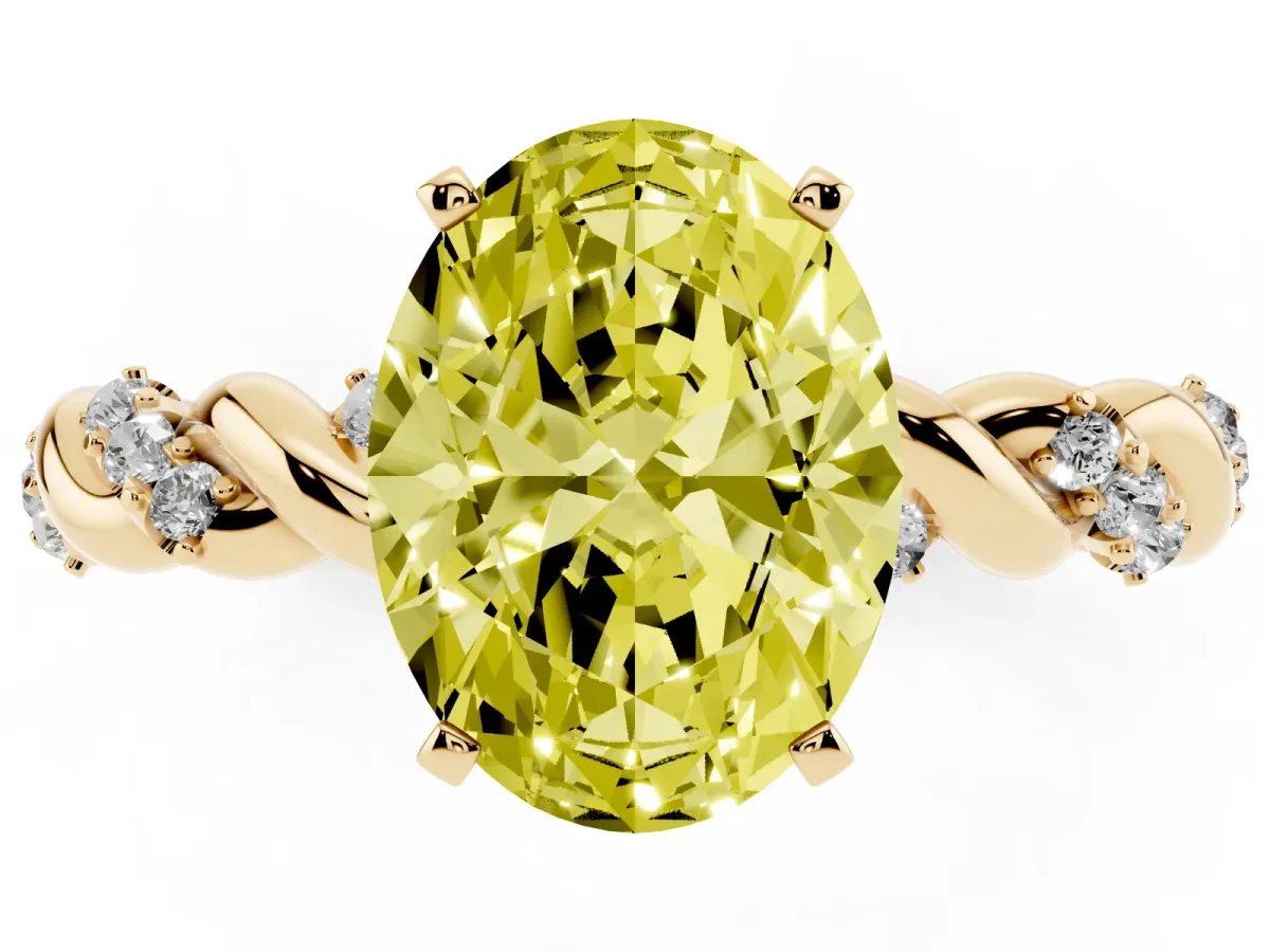 Fancy Yellow Oval Cut Diamond Solitaire Ring with Twisted Band and Pavé Accents Yellow gold