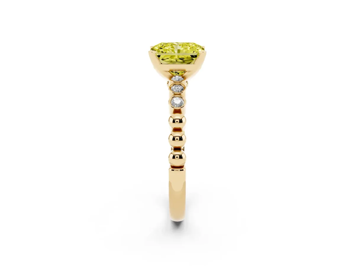 Fancy Yellow Radiant Cut Solitaire Bezel Accent Diamond Engagement Ring with Beaded Band and Four-Prong Setting Yellow gold