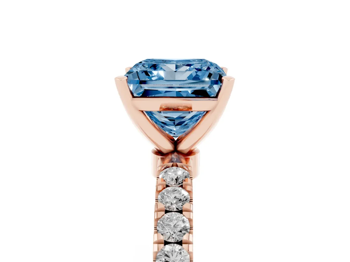 Fancy Blue Princess Cut Diamond Solitaire Ring with Pavé Accents and Four-Prong Setting Rose gold