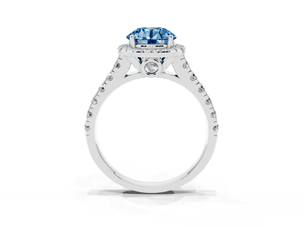 Fancy Blue Round Cut Halo Pavé Diamond Engagement Ring with Four-Prong Setting Silver