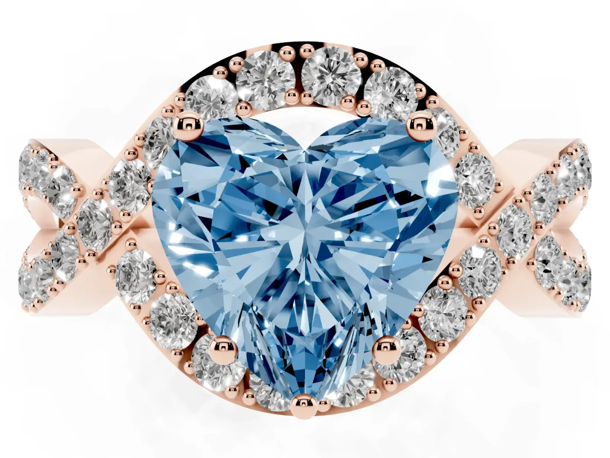 Fancy Blue Heart Cut Solitaire Twist Band Pavé Diamond Engagement Ring Rose gold