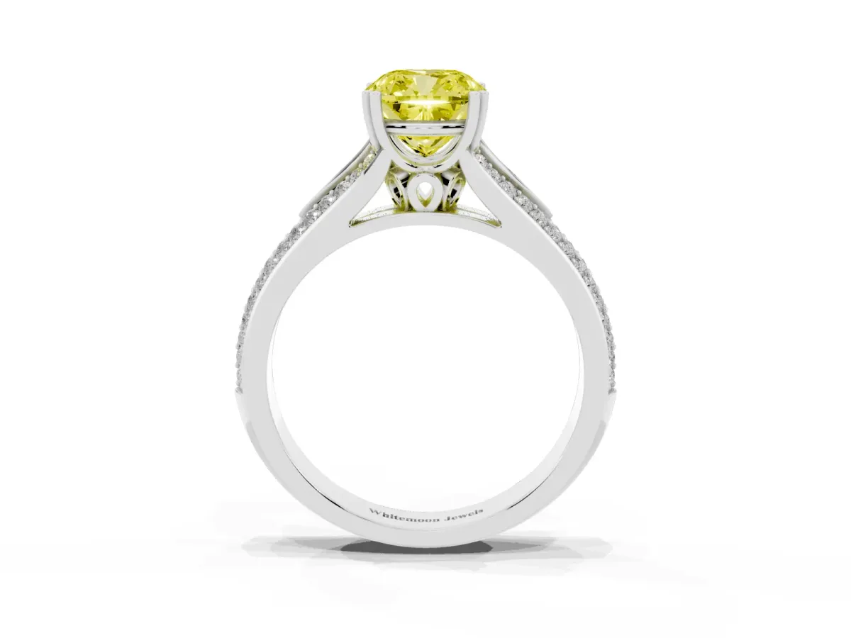 Fancy Yellow Cushion Cut Diamond Split Shank Engagement Ring with Pavé Band Silver
