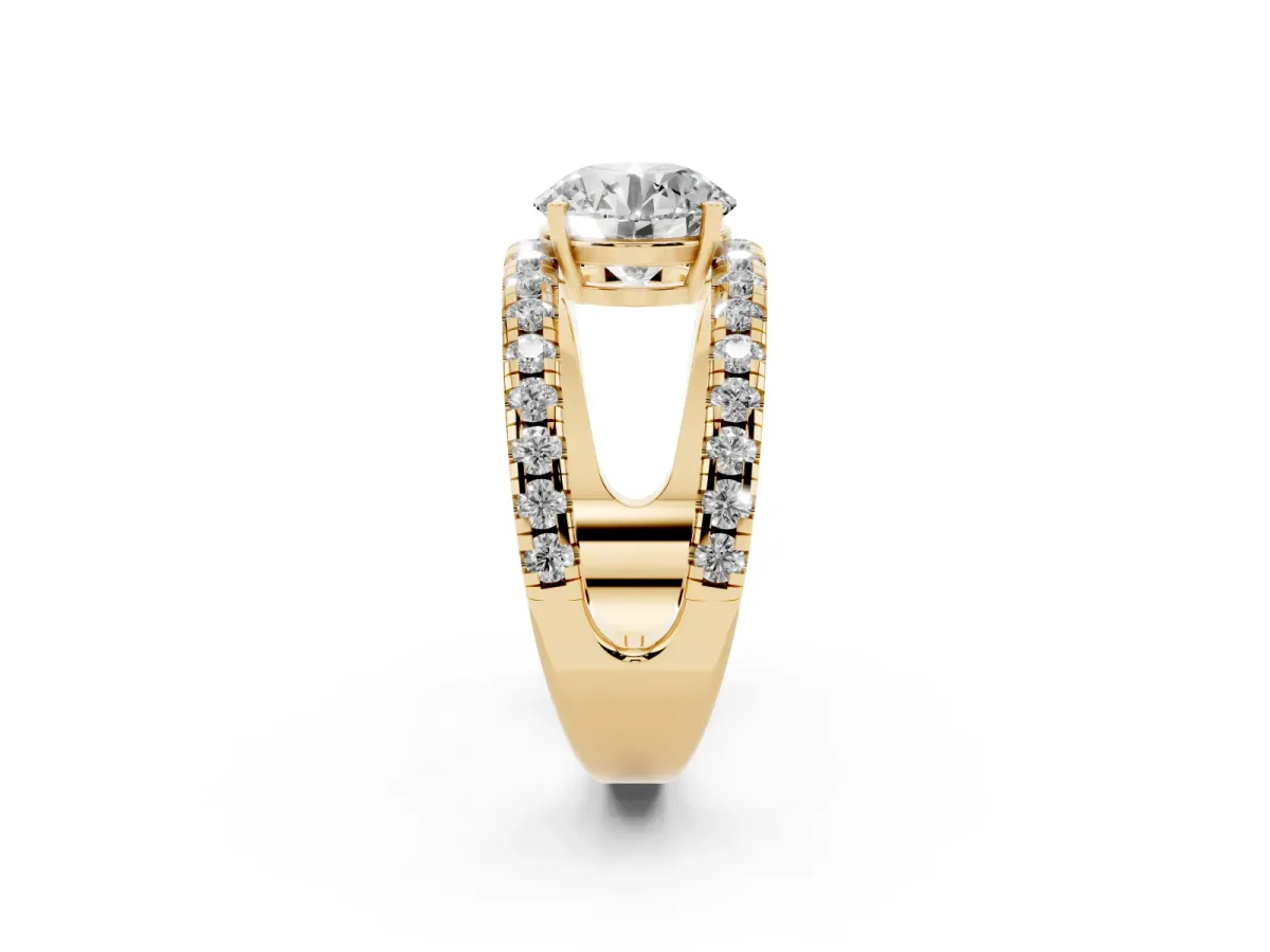 Round Cut Solitaire Split Shank Pave Diamond Ring Yellow gold