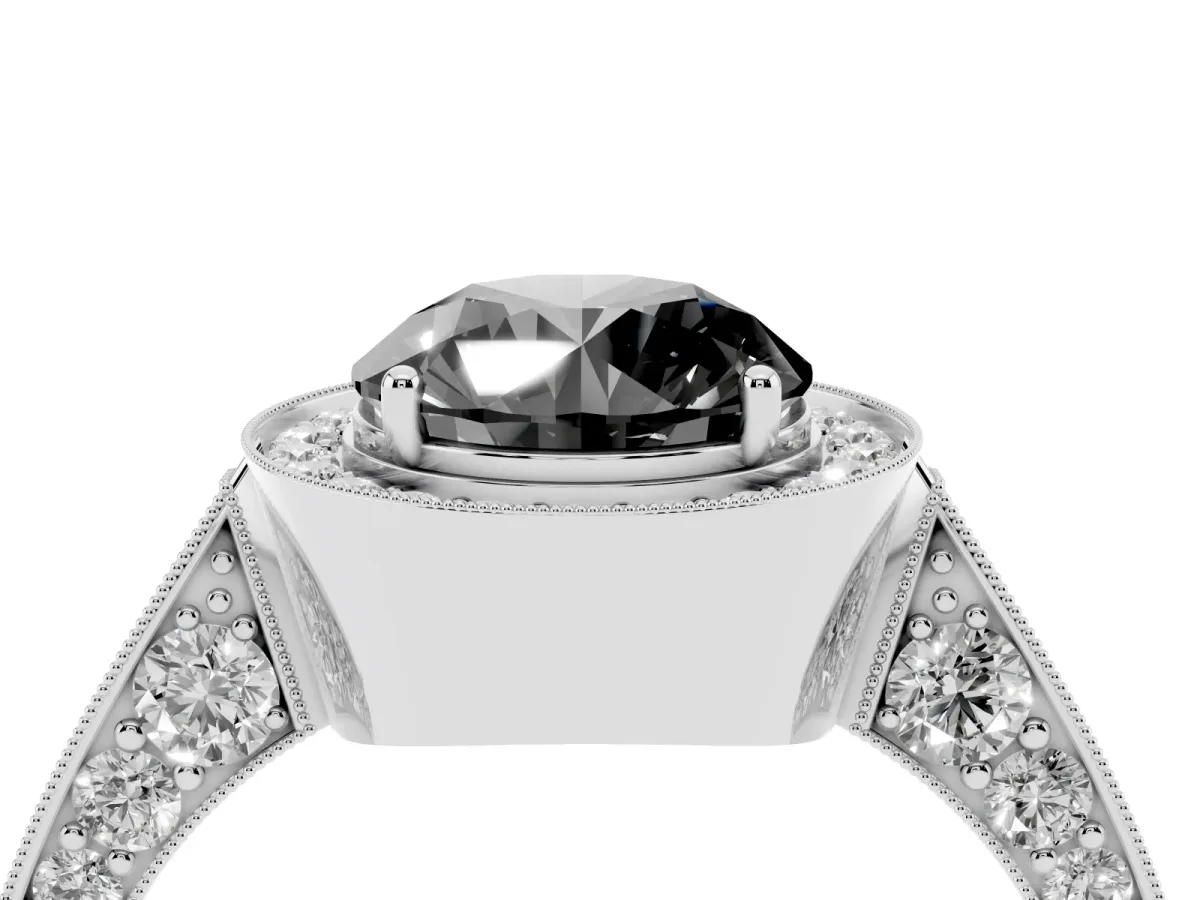 Fancy Black Round Cut Halo Diamond Engagement Ring with Split Shank Band and Four-Prong Setting Platinum