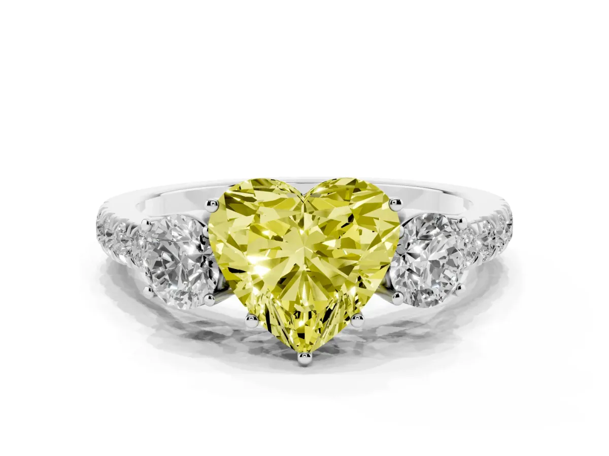 Fancy Yellow Heart Cut Cut Diamond Three-Stone Ring with Round Side Stones and Pavé Band Platinum