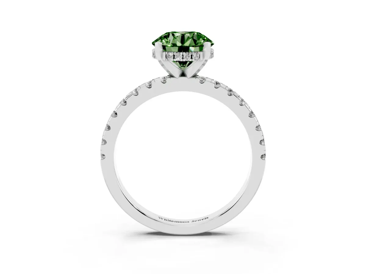 Fancy Green Round Cut Diamond Solitaire Ring with Round Pavé Band and Four-Prong Setting Silver