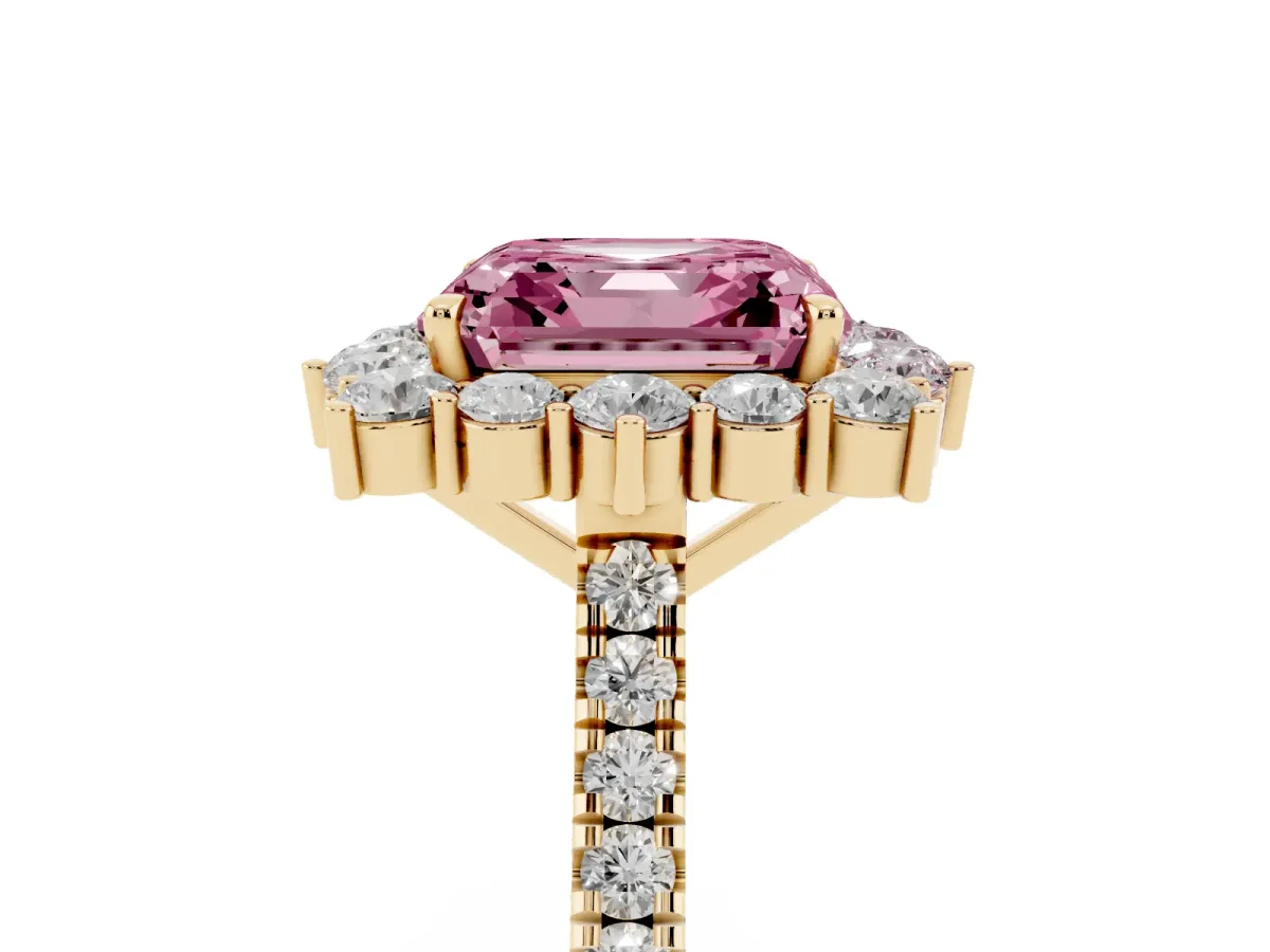 Fancy Pink Asscher Cut Halo Diamond Ring with Pavé Band and Prong Setting Yellow gold