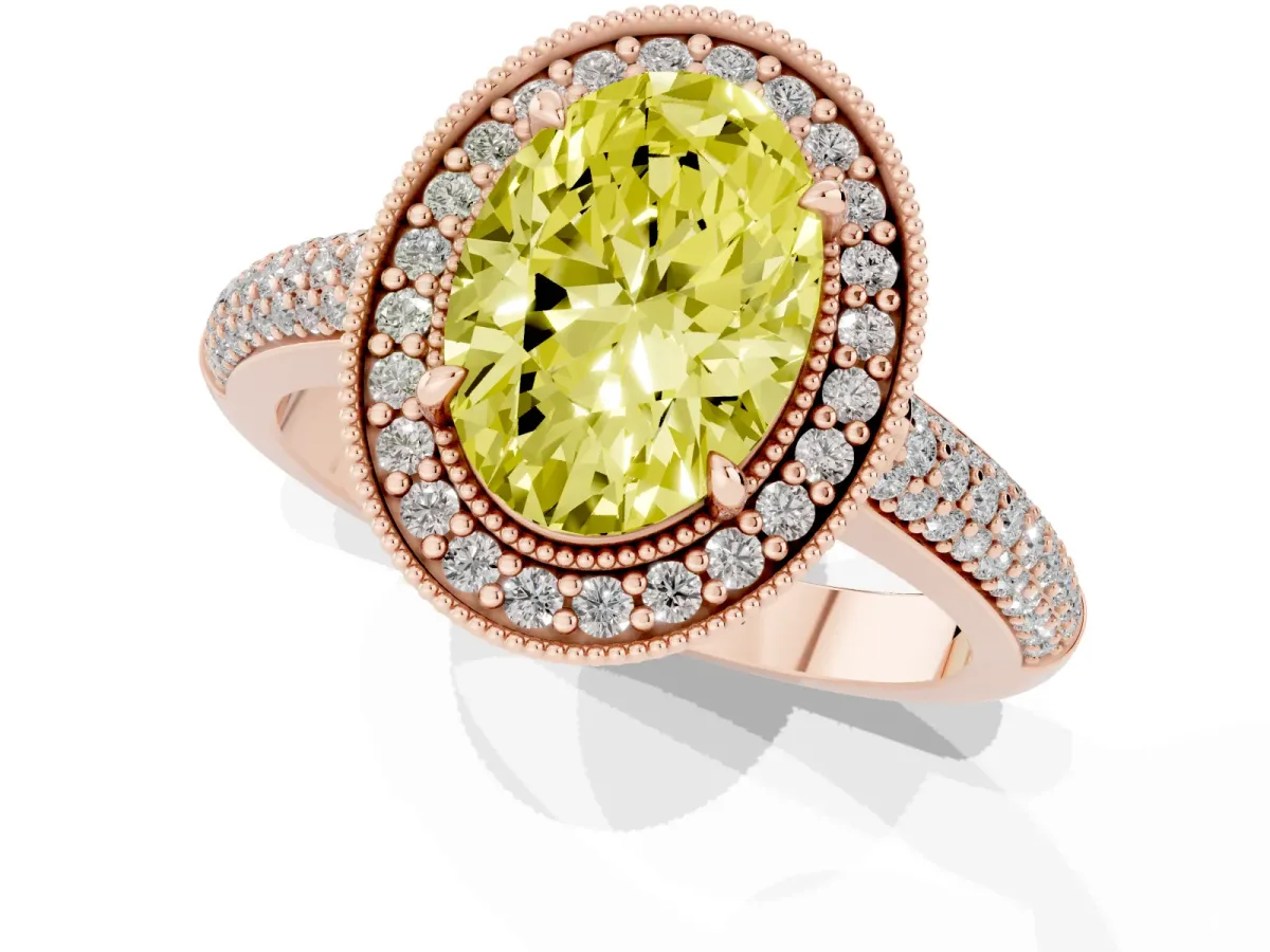 Fancy Yellow Oval Cut Cut Halo Diamond Pave Band with Four-Prong Setting Rose gold
