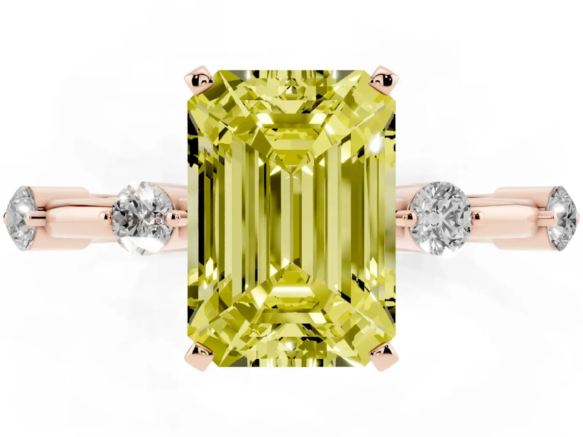 Fancy Yellow Emerald Cut Solitaire Diamond Ring with Bezel Set Side Stones and Prong Setting Rose gold