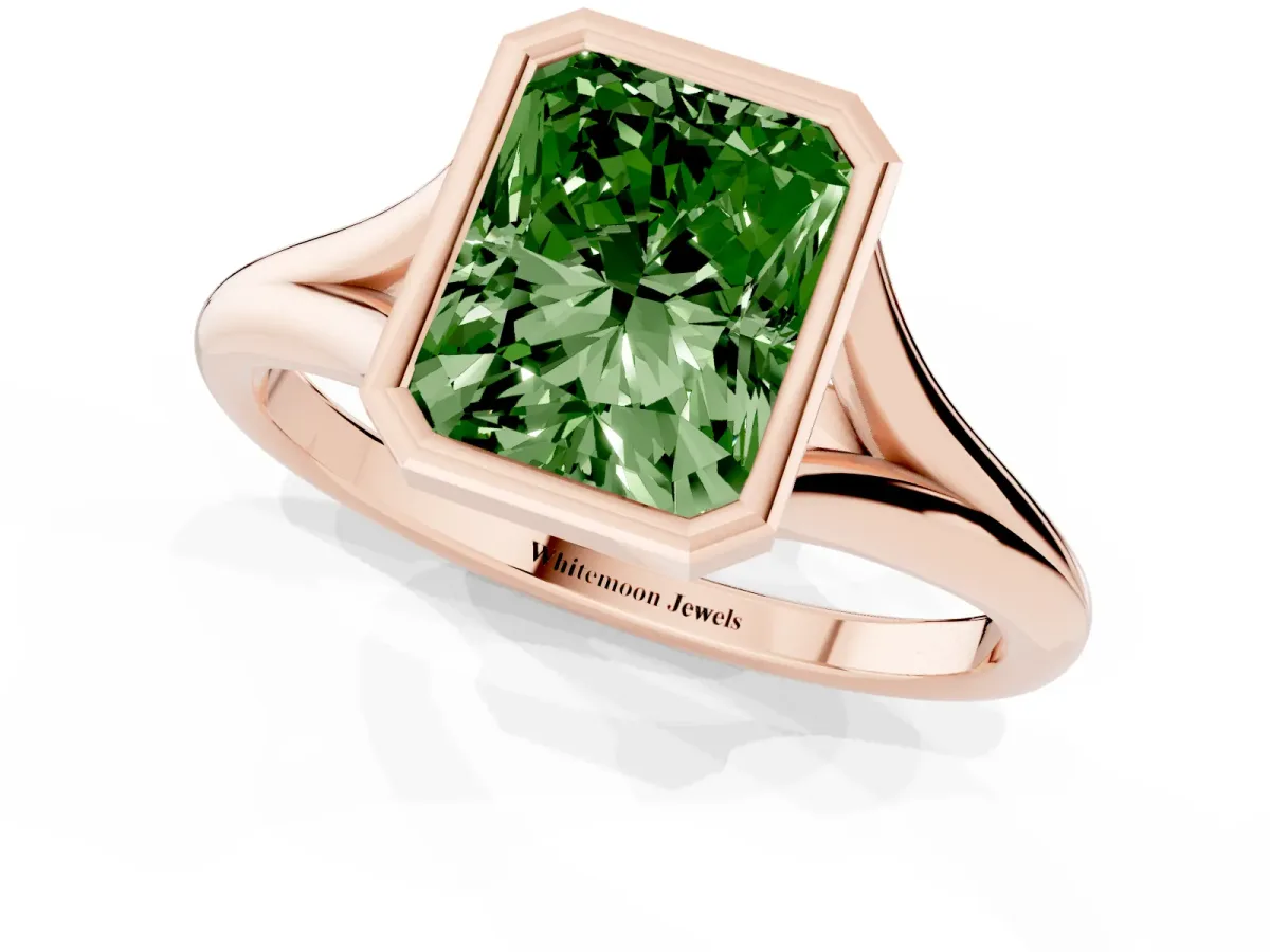 Fancy Green Bezel Set Radiant Cut Cut Solitaire Ring with Tapered Band Rose gold