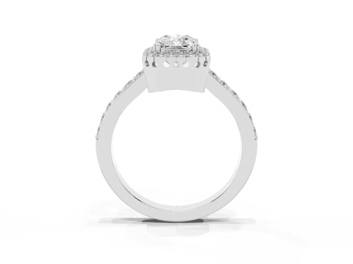 Radiant Cut Cut Diamond Halo Engagement Ring with Milgrain Detail and Pavé Band Silver